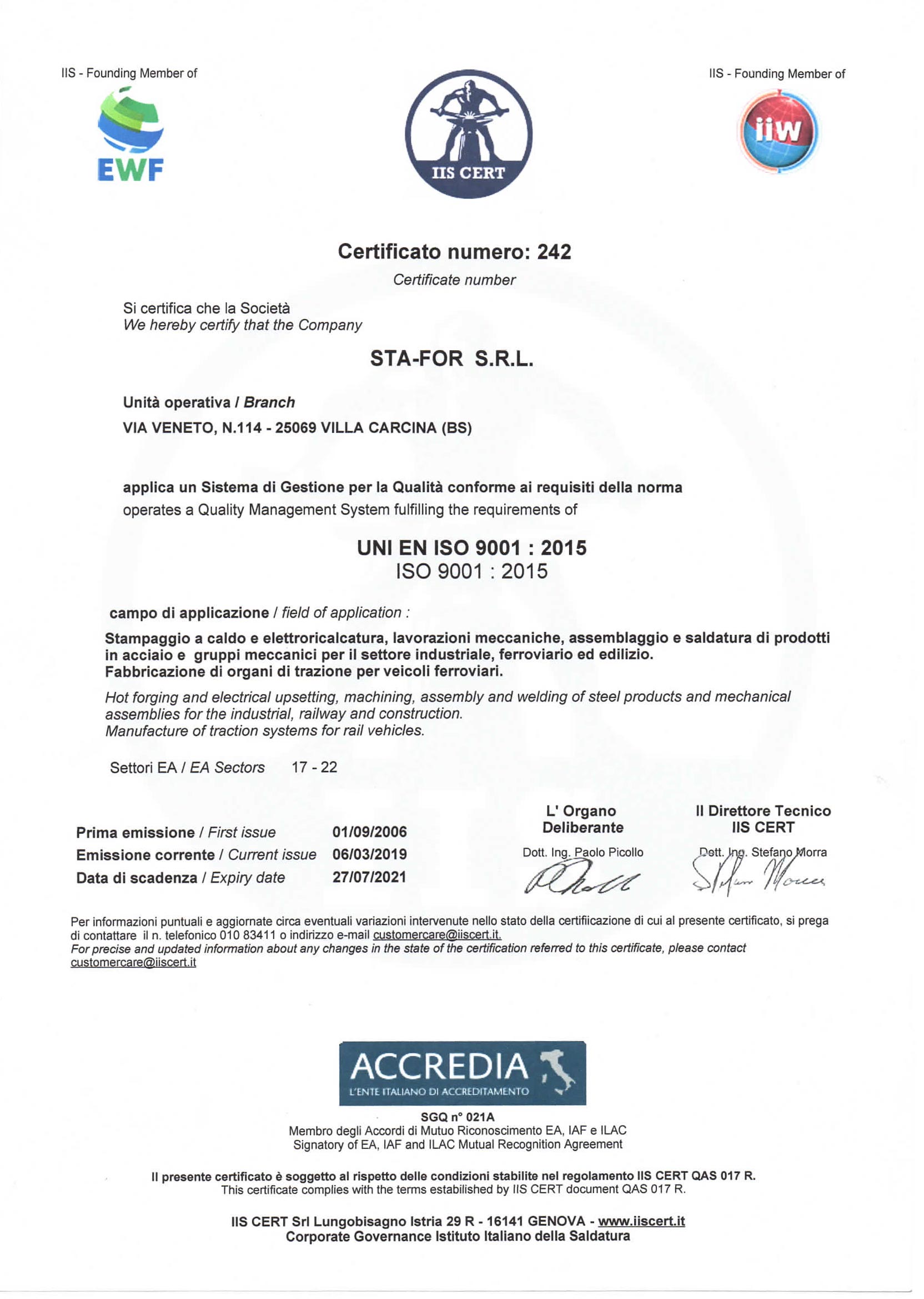 CERTIFICATO ISO 9001